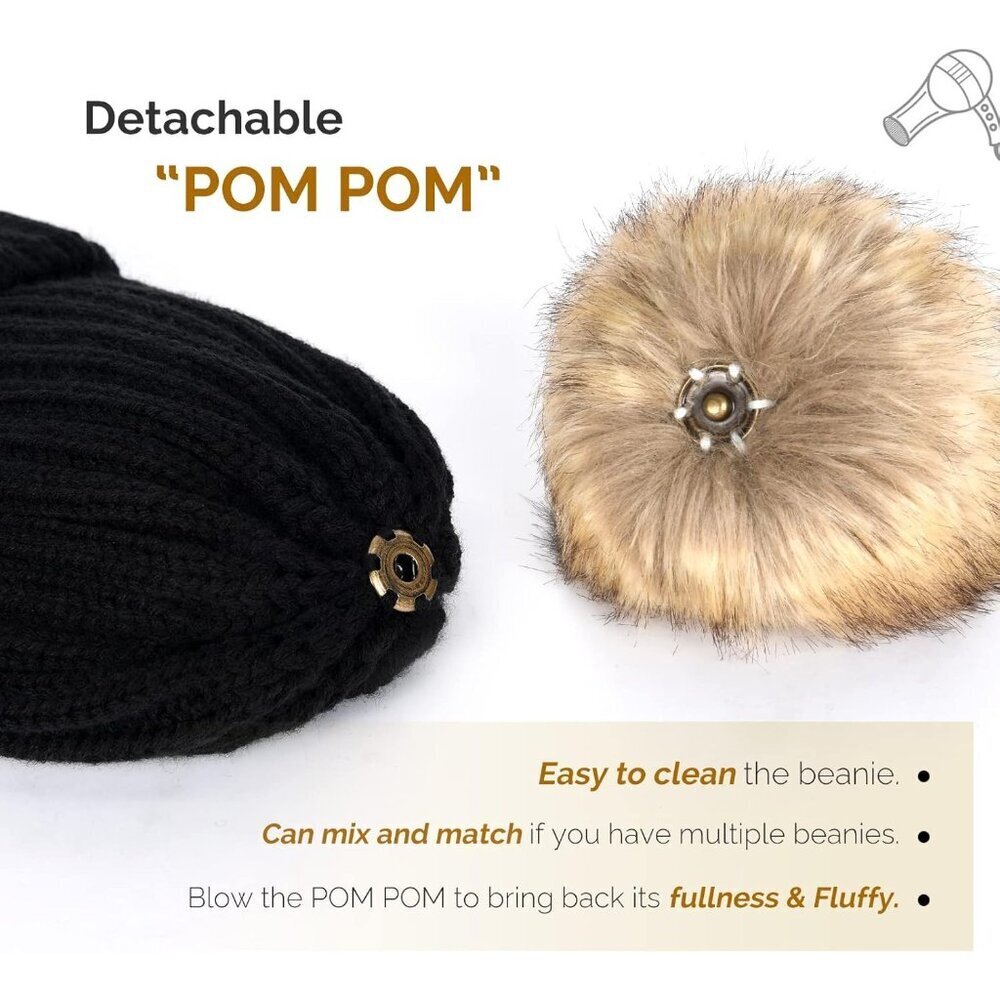 Womens Winter Knit Beanie Hat with Faux Fur Pom Warm Stretchy Skull Cap - Picture 7 of 8